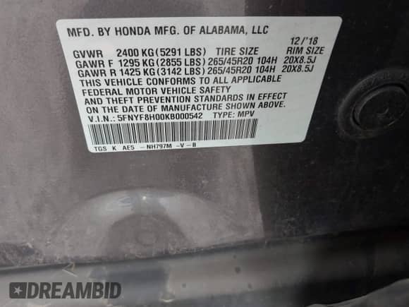 2019 Honda Passport Elite с VIN 5FNYF8H00KB000542, выставлен на аукционе IAAI как лот 42993922 с пробегом Не указан миль и . История ставок и продаж доступна на DreamBid. Изображение 9.