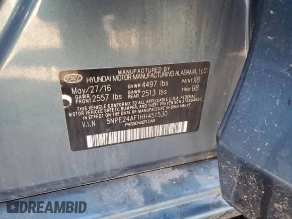 2017 Hyundai Sonata 2.4L with VIN 5NPE24AF1HH451530, listed as a Copart auction lot 82783905 with 22,047 mi miles and Clean title. Bid and sale history available at DreamBid. Image 13.