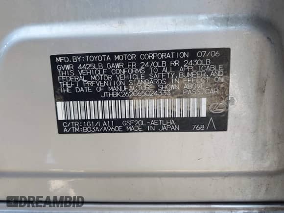 2006 Lexus IS 250 z VIN JTHBK262065024333, wystawiony jako IAAI lot #43022347 z przebiegiem 132 197 mil mil oraz . Historia ofert i sprzedaży dostępna na DreamBid. Obrazek 9.