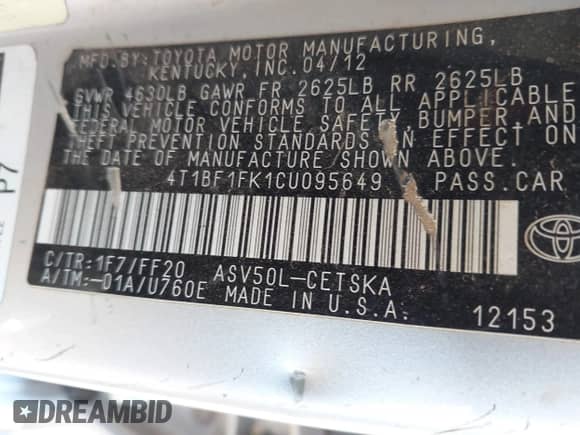 2012 Toyota Camry XLE with VIN 4T1BF1FK1CU095649, listed as a IAAI auction lot 43500924 with 147,767 mi miles and . Bid and sale history available at DreamBid. Image 9.