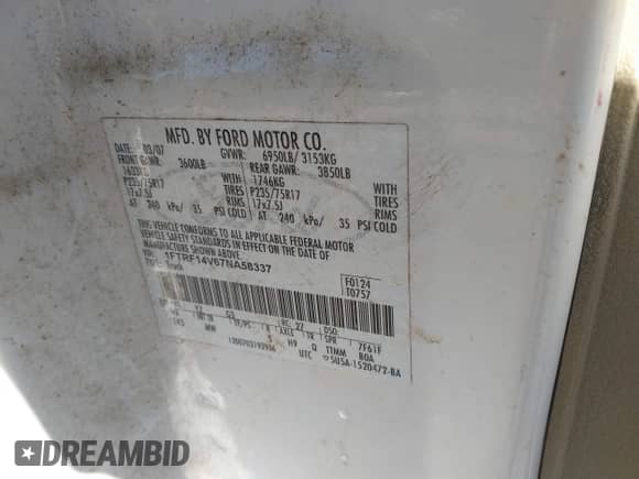 2007 Ford F-150 XL with VIN 1FTRF14V67NA58337, listed as a IAAI auction lot 43410917 with 300,414 mi miles and . Bid and sale history available at DreamBid. Image 9.