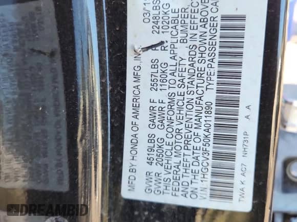 2019 Honda Accord EX-L with VIN 1HGCV3F50KA011890, listed as a Copart auction lot 81290895 with Not provided miles and Salvage title. Bid and sale history available at DreamBid. Image 12.