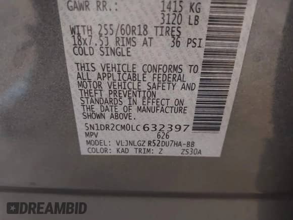 2020 Nissan Pathfinder SL with VIN 5N1DR2CM0LC632397, listed as a IAAI auction lot 42806483 with 65,741 mi miles and . Bid and sale history available at DreamBid. Image 9.