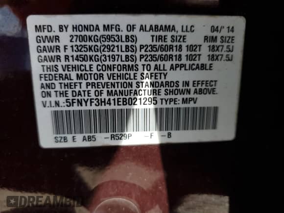 2014 Honda Pilot EX z VIN 5FNYF3H41EB021295, wystawiony jako Copart lot #68940065 z przebiegiem 155 697 mil mil oraz Szkoda całkowita • Salvage title. Historia ofert i sprzedaży dostępna na DreamBid. Obrazek 13.