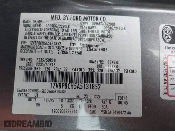 2010 Ford Mustang GT с VIN 1ZVBP8CH5A5131852, выставлен на аукционе IAAI как лот 43409906 с пробегом 178 908 миль миль и . История ставок и продаж доступна на DreamBid. Изображение 9.