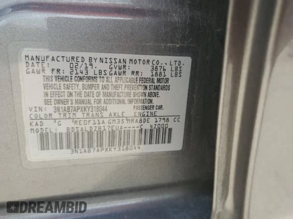 2019 Nissan Sentra SV z VIN 3N1AB7APXKY318044, wystawiony jako Copart lot #67408985 z przebiegiem 107 171 mil mil oraz Szkoda całkowita • Salvage title. Historia ofert i sprzedaży dostępna na DreamBid. Obrazek 13.