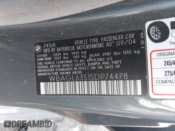 2005 BMW 7 Series with VIN WBAGL63515DP74478, listed as a IAAI auction lot 41801754 with 132,789 mi miles and . Bid and sale history available at DreamBid. Image 9.