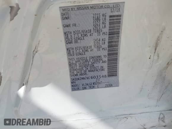 2019 Nissan Pathfinder SV z VIN 5N1DR2MN7KC603548, wystawiony jako IAAI lot #42536941 z przebiegiem 115 970 mil mil oraz . Historia ofert i sprzedaży dostępna na DreamBid. Obrazek 9.