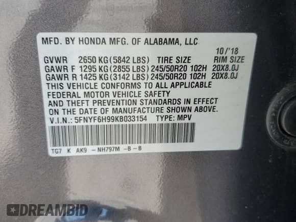 2019 Honda Pilot Touring 8-Passenger with VIN 5FNYF6H99KB033154, listed as a Copart auction lot 70672085 with 104,300 mi miles and Salvage title. Bid and sale history available at DreamBid. Image 13.