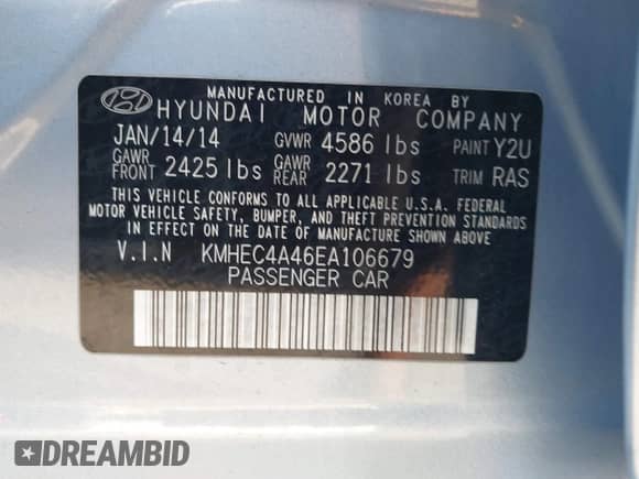 2014 Hyundai Sonata z VIN KMHEC4A46EA106679, wystawiony jako IAAI lot #42402033 z przebiegiem 94 784 mil mil oraz . Historia ofert i sprzedaży dostępna na DreamBid. Obrazek 9.