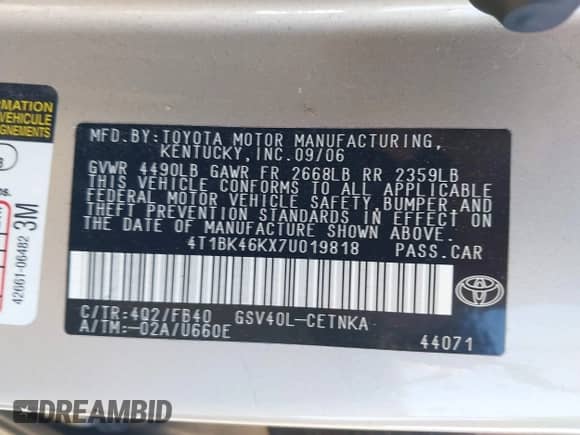2007 Toyota Camry LE with VIN 4T1BK46KX7U019818, listed as a IAAI auction lot 43395039 with 210,676 mi miles and . Bid and sale history available at DreamBid. Image 9.