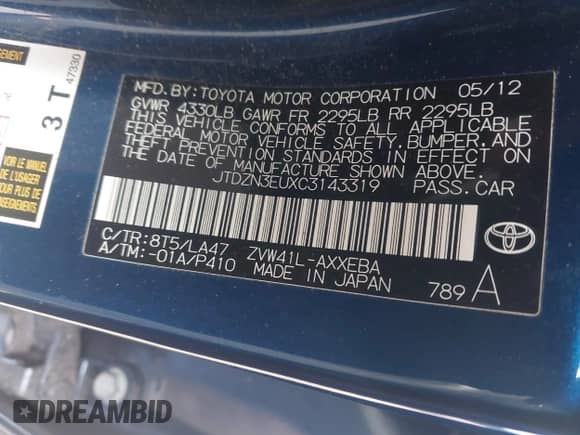 2012 Toyota Prius Two с VIN JTDZN3EUXC3143319, выставлен на аукционе IAAI как лот 43584519 с пробегом 110 100 миль миль и . История ставок и продаж доступна на DreamBid. Изображение 9.
