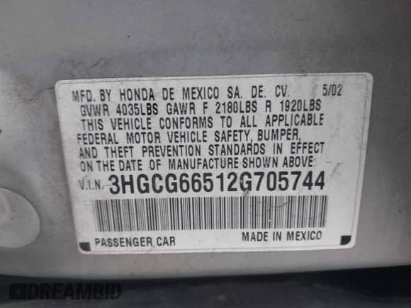 2002 Honda Accord LX with VIN 3HGCG66512G705744, listed as a IAAI auction lot 42549635 with 107,453 mi miles and . Bid and sale history available at DreamBid. Image 9.