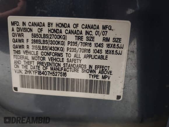 2007 Honda Pilot EX с VIN 2HKYF18407H527516, выставлен на аукционе IAAI как лот 43060899 с пробегом 215 334 миль миль и . История ставок и продаж доступна на DreamBid. Изображение 9.