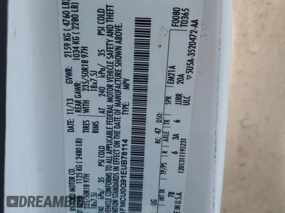 2014 Ford Escape SE with VIN 1FMCU0G91EUB78114, listed as a Copart auction lot 80993185 with 132,049 mi miles and Salvage title. Bid and sale history available at DreamBid. Image 13.