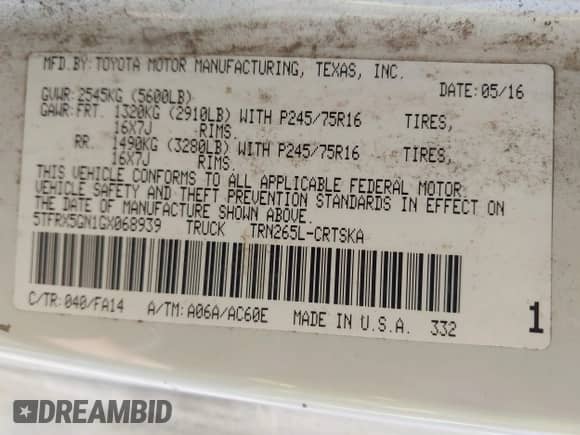 2016 Toyota Tacoma SR with VIN 5TFRX5GN1GX068939, listed as a IAAI auction lot 43146778 with 241,247 mi miles and . Bid and sale history available at DreamBid. Image 9.