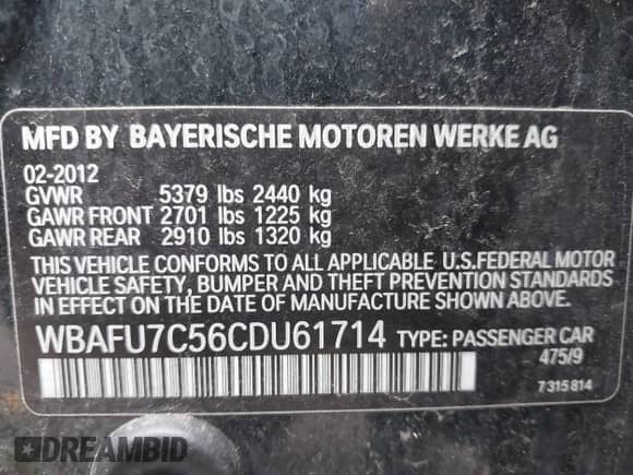 2012 BMW 5 Series 535i xDrive with VIN WBAFU7C56CDU61714, listed as a IAAI auction lot 42701865 with 149,127 mi miles and . Bid and sale history available at DreamBid. Image 9.