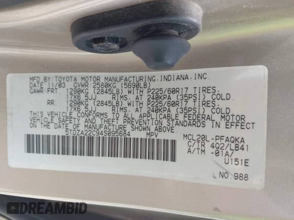 2004 Toyota Sienna XLE z VIN 5TDZA22C94S095684, wystawiony jako IAAI lot #42738921 z przebiegiem 155 272 mil mil oraz . Historia ofert i sprzedaży dostępna na DreamBid. Obrazek 9.