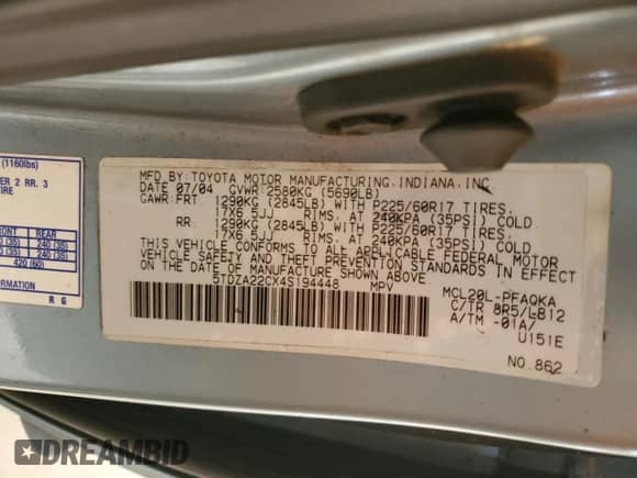 2004 Toyota Sienna XLE z VIN 5TDZA22CX4S194448, wystawiony jako Copart lot #60899125 z przebiegiem 102 509 mil mil oraz Czysty tytuł • Clean title. Historia ofert i sprzedaży dostępna na DreamBid. Obrazek 13.