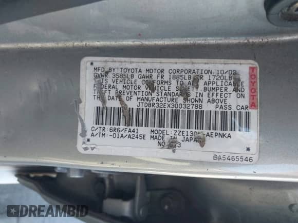 2003 Toyota Corolla CE z VIN JTDBR32EX30032788, wystawiony jako IAAI lot #43439199 z przebiegiem 250 673 mil mil oraz . Historia ofert i sprzedaży dostępna na DreamBid. Obrazek 9.