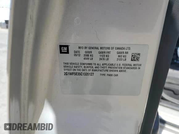 2012 Chevrolet Impala LS Fleet with VIN 2G1WF5E35C1326127, listed as a Copart auction lot 69700235 with Not provided miles and Salvage title. Bid and sale history available at DreamBid. Image 12.