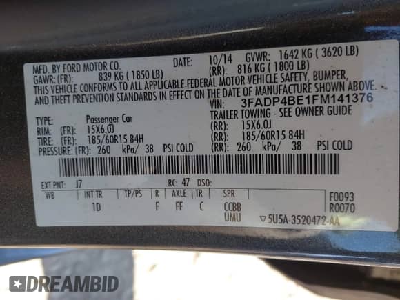 2015 Ford Fiesta SE with VIN 3FADP4BE1FM141376, listed as a IAAI auction lot 43244998 with 94,082 mi miles and . Bid and sale history available at DreamBid. Image 9.