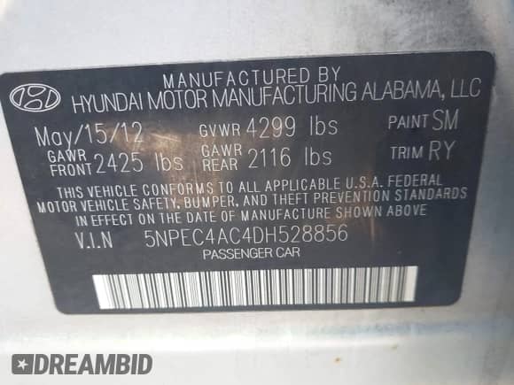 2013 Hyundai Sonata Limited z VIN 5NPEC4AC4DH528856, wystawiony jako IAAI lot #43439511 z przebiegiem 165 269 mil mil oraz . Historia ofert i sprzedaży dostępna na DreamBid. Obrazek 9.