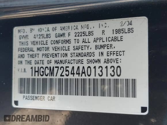 2004 Honda Accord EX с VIN 1HGCM72544A013130, выставлен на аукционе IAAI как лот 41939408 с пробегом 202 628 миль миль и . История ставок и продаж доступна на DreamBid. Изображение 9.