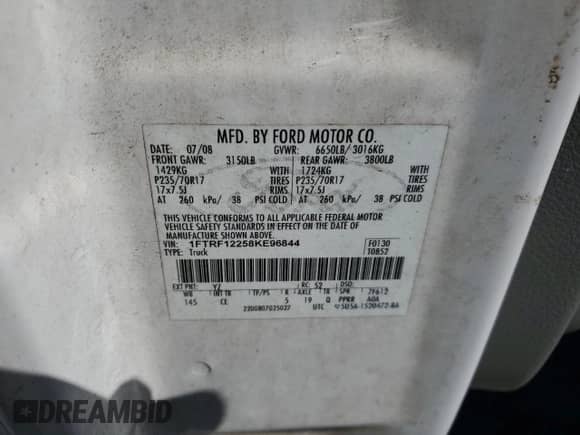 2008 Ford F-150 XL with VIN 1FTRF12258KE96844, listed as a Copart auction lot 85644555 with 243,549 mi miles and Clean title. Bid and sale history available at DreamBid. Image 12.