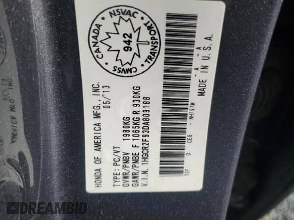 2013 Honda Accord EX-L with VIN 1HGCR2F93DA809188, listed as a Copart auction lot 84174095 with 219,277 mi miles and Salvage title. Bid and sale history available at DreamBid. Image 12.