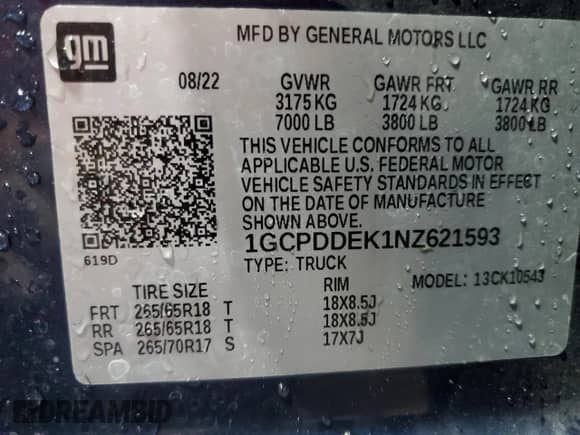 2022 Chevrolet Silverado 1500 LT with VIN 1GCPDDEK1NZ621593, listed as a Copart auction lot 65178265 with 83,081 mi miles and Salvage title. Bid and sale history available at DreamBid. Image 12.