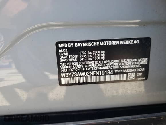 2022 BMW i4 eDrive40 with VIN WBY73AW02NFN19184, listed as a Copart auction lot 65177855 with 51,273 mi miles and Salvage title. Bid and sale history available at DreamBid. Image 13.