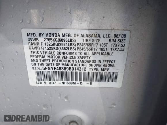 2009 Honda Pilot Touring with VIN 5FNYF48889B014312, listed as a IAAI auction lot 43528408 with 238,282 mi miles and . Bid and sale history available at DreamBid. Image 9.