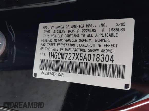 2005 Honda Accord EX with VIN 1HGCM727X5A018304, listed as a IAAI auction lot 42063340 with 195,444 mi miles and . Bid and sale history available at DreamBid. Image 9.