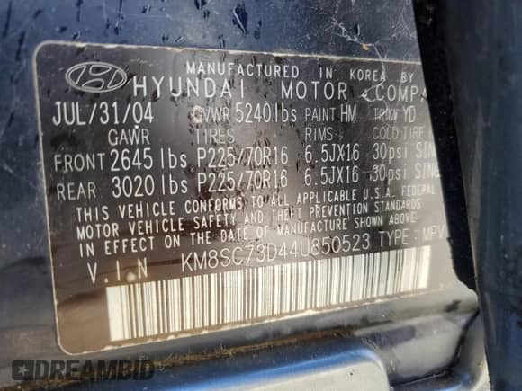 2004 Hyundai Santa Fe GLS с VIN KM8SC73D44U850523, выставлен на аукционе Copart как лот 87738135 с пробегом 119 385 миль миль и Списание • Salvage title. История ставок и продаж доступна на DreamBid. Изображение 13.