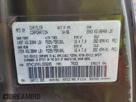 1997 Dodge 1500 with VIN 1B7HC16Y6VJ528205, listed as a Copart auction lot 73421374 with 336,900 mi miles and Salvage title. Bid and sale history available at DreamBid. Image 12.