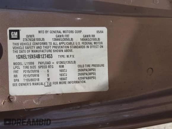 2004 Chevrolet Astro с VIN 1GNEL19X64B127453, выставлен на аукционе IAAI как лот 42661353 с пробегом 175 000 миль миль и . История ставок и продаж доступна на DreamBid. Изображение 9.