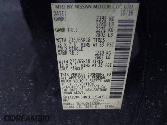 2017 Nissan Murano S z VIN 5N1AZ2MH3HN115451, wystawiony jako IAAI lot #41803182 z przebiegiem 143 998 mil mil oraz . Historia ofert i sprzedaży dostępna na DreamBid. Obrazek 9.