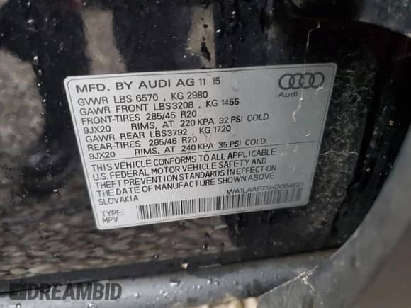 2017 Audi Q7 Premium Plus with VIN WA1LAAF75HD004631, listed as a Copart auction lot 85519485 with 128,435 mi miles and Clean title. Bid and sale history available at DreamBid. Image 13.