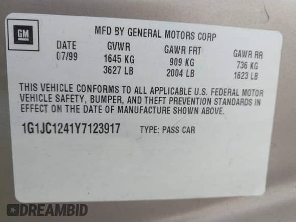 2000 Chevrolet Cavalier z VIN 1G1JC1241Y7123917, wystawiony jako IAAI lot #42683589 z przebiegiem 74 267 mil mil oraz . Historia ofert i sprzedaży dostępna na DreamBid. Obrazek 9.