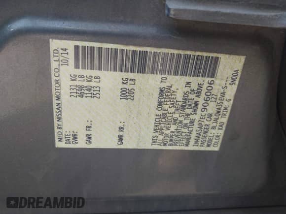 2014 Nissan Maxima SV z VIN 1N4AA5AP7EC906006, wystawiony jako IAAI lot #42411784 z przebiegiem 192 504 mil mil oraz . Historia ofert i sprzedaży dostępna na DreamBid. Obrazek 9.