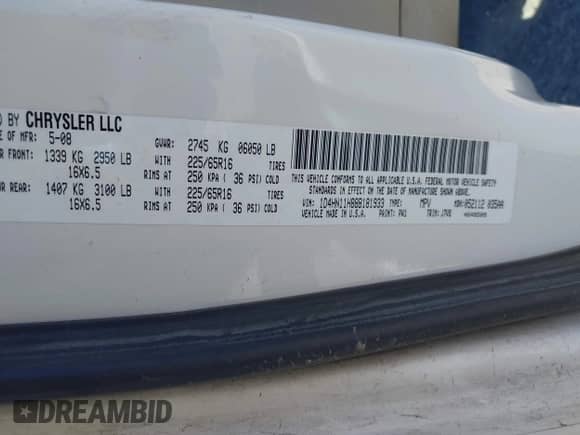 2008 Dodge Grand Caravan Cargo z VIN 1D4HN11H88B181933, wystawiony jako IAAI lot #42225214 z przebiegiem Nie podano mil oraz . Historia ofert i sprzedaży dostępna na DreamBid. Obrazek 9.