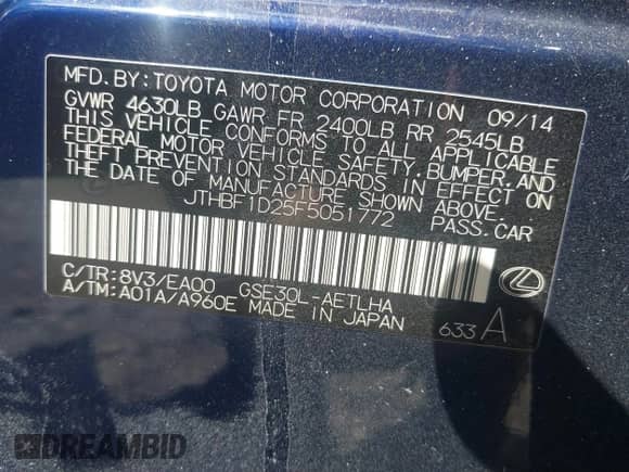 2015 Lexus IS 250 z VIN JTHBF1D25F5051772, wystawiony jako IAAI lot #42943500 z przebiegiem 163 459 mil mil oraz . Historia ofert i sprzedaży dostępna na DreamBid. Obrazek 9.