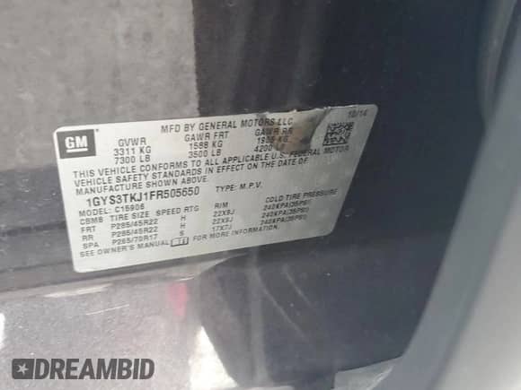 2015 Cadillac Escalade ESV Premium с VIN 1GYS3TKJ1FR505650, выставлен на аукционе Copart как лот 68464835 с пробегом Не указан миль и Списание • Salvage title. История ставок и продаж доступна на DreamBid. Изображение 13.