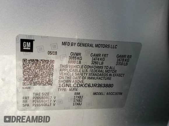2018 Chevrolet Tahoe with VIN 1GNLCDKC6JR363880, listed as a Copart auction lot 75091854 with 129,423 mi miles and Salvage title. Bid and sale history available at DreamBid. Image 13.