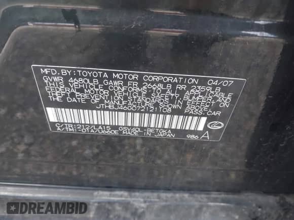 2007 Lexus ES 330 с VIN JTHBJ46G072121108, выставлен на аукционе IAAI как лот 43597757 с пробегом 291 486 миль миль и . История ставок и продаж доступна на DreamBid. Изображение 9.