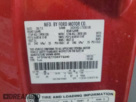 2013 Ford F-150 Lariat with VIN 1FTFW1ET1DKF72240, listed as a Copart auction lot 84885545 with 193,067 mi miles and Salvage title. Bid and sale history available at DreamBid. Image 12.