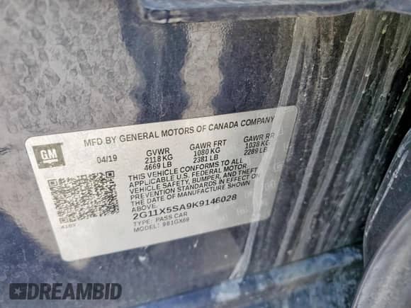 2019 Chevrolet Impala LS с VIN 2G11X5SA9K9146028, выставлен на аукционе Copart как лот 59400605 с пробегом Не указан миль и Списание • Salvage title. История ставок и продаж доступна на DreamBid. Изображение 12.