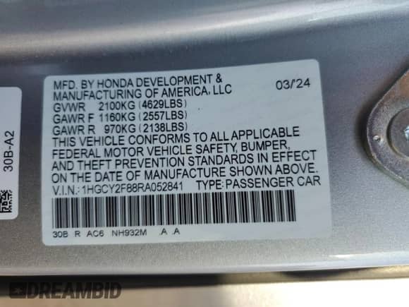 2024 Honda Accord Touring with VIN 1HGCY2F88RA052841, listed as a Copart auction lot 71846775 with 11,896 mi miles and Salvage title. Bid and sale history available at DreamBid. Image 12.