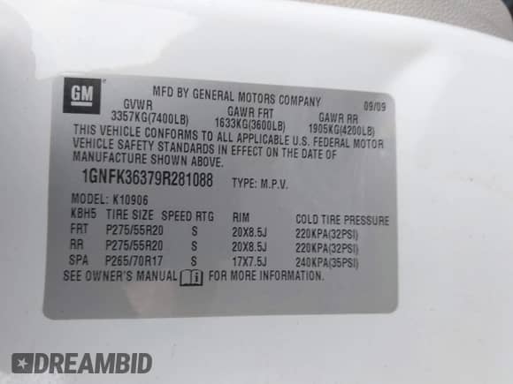 2009 Chevrolet Suburban LTZ z VIN 1GNFK36379R281088, wystawiony jako IAAI lot #42833740 z przebiegiem 220 921 mil mil oraz . Historia ofert i sprzedaży dostępna na DreamBid. Obrazek 9.